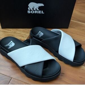 Sorel "VIIBE" Soft Leather Two-Tone Platform Slide Sandals